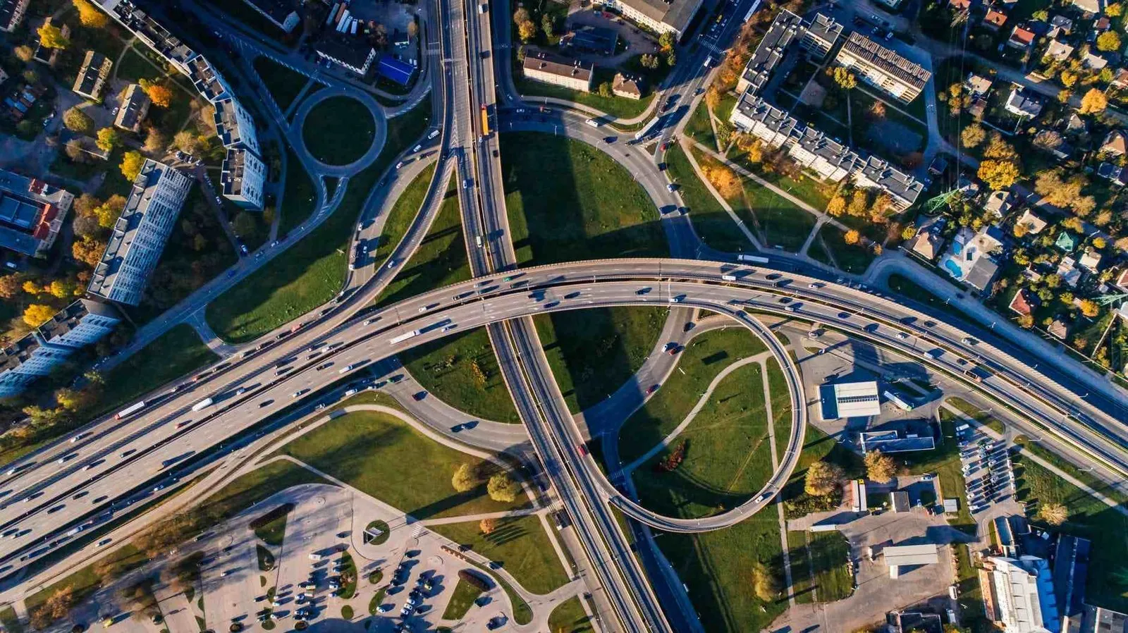 An aerial view of a busy road interchange